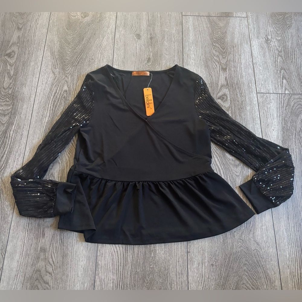 Belldini Black Top with Sequin Sleeves